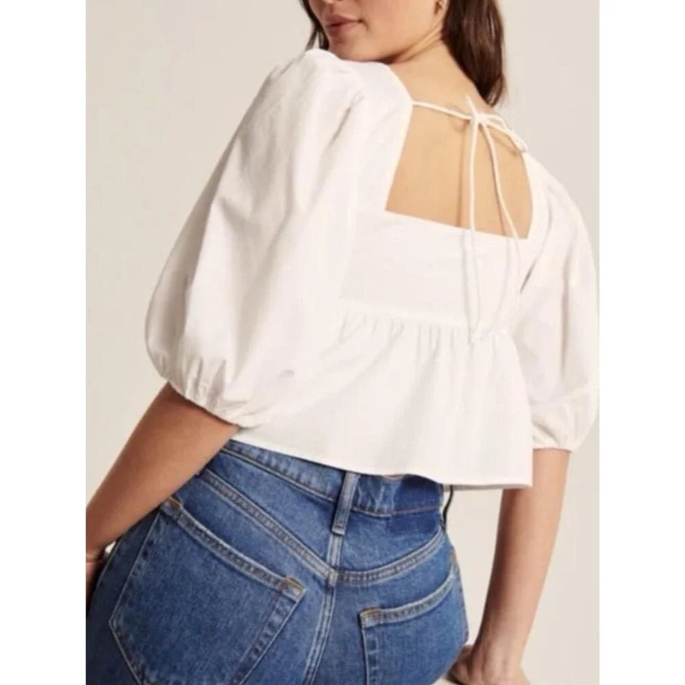 Abercrombie & Fitch Cotton Square-Neck Peplum Poplin Puff Sleeve Top White Med